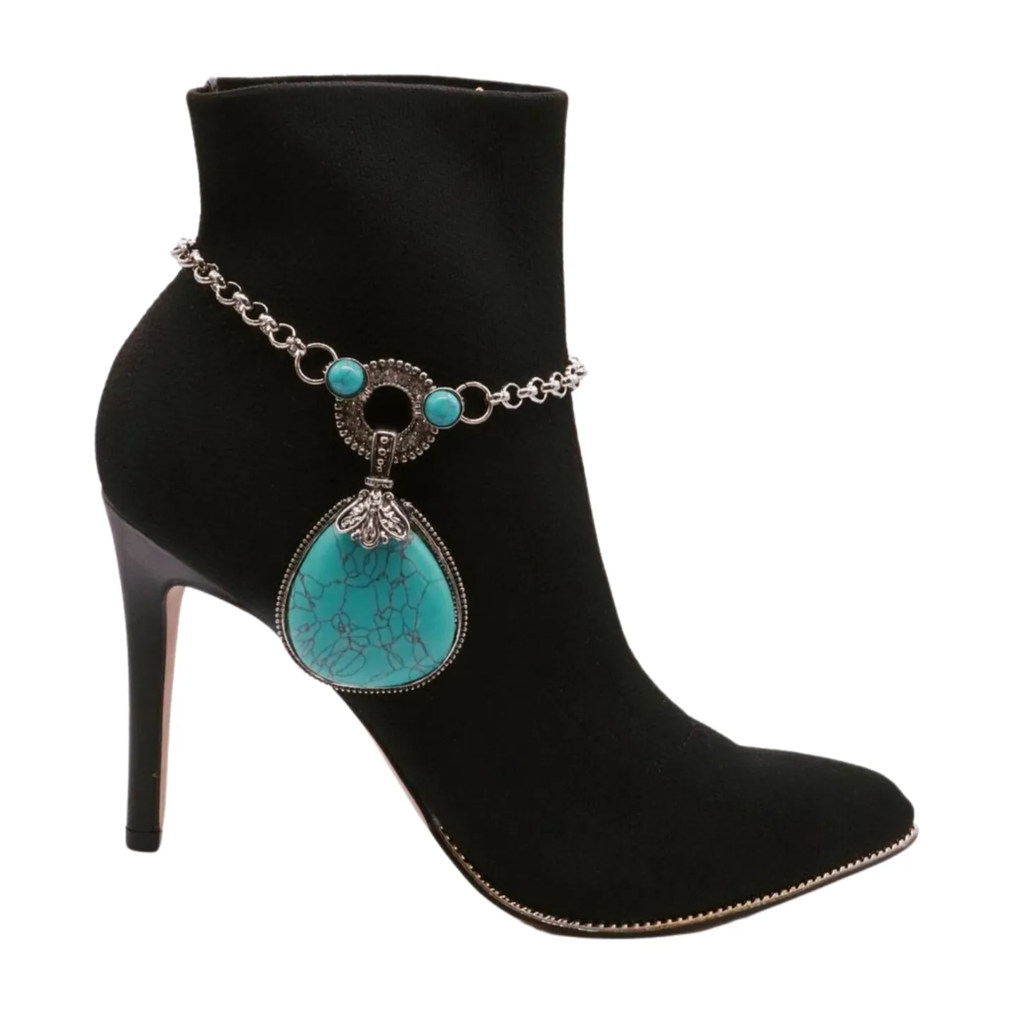 Silver Metal Chain Boot Bracelet Shoe Turquoise Blue Bead Charm