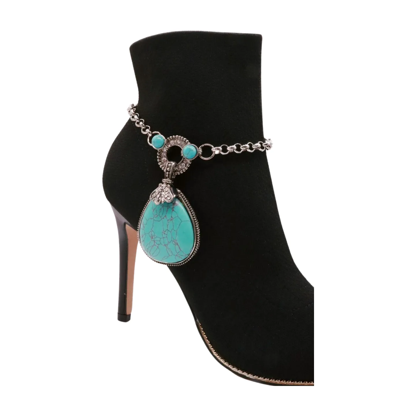 Silver Metal Chain Boot Bracelet Shoe Turquoise Blue Bead Charm