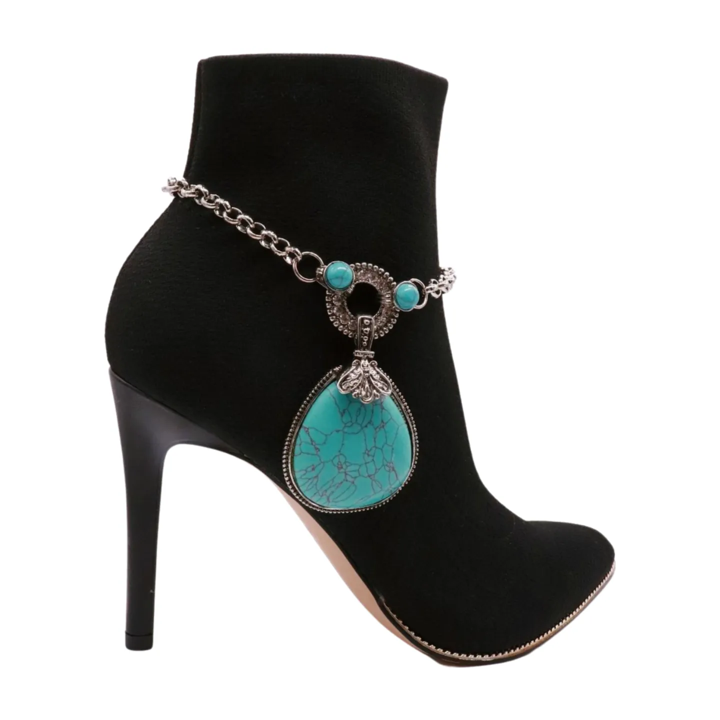 Silver Metal Chain Boot Bracelet Shoe Turquoise Blue Bead Charm