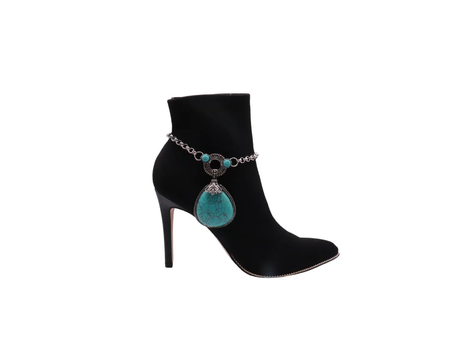 Silver Metal Chain Boot Bracelet Shoe Turquoise Blue Bead Charm