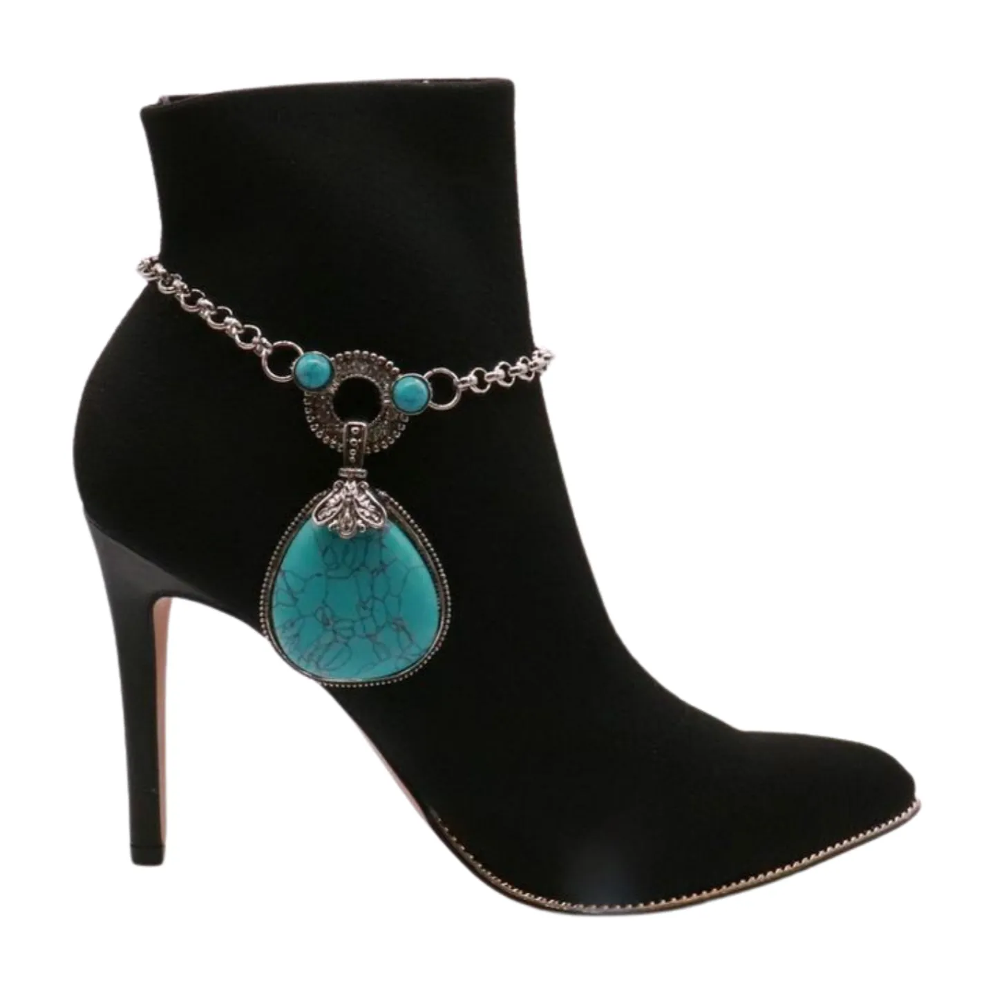 Silver Metal Chain Boot Bracelet Shoe Turquoise Blue Bead Charm