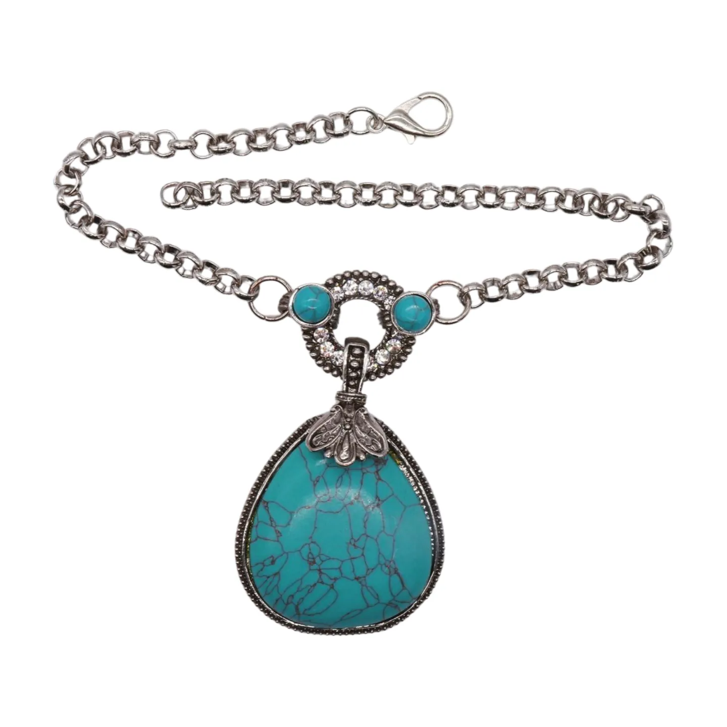Silver Metal Chain Boot Bracelet Shoe Turquoise Blue Bead Charm