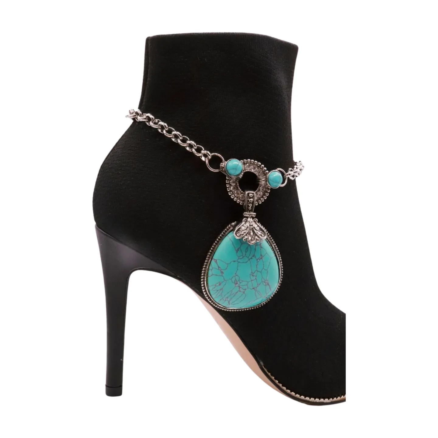 Silver Metal Chain Boot Bracelet Shoe Turquoise Blue Bead Charm