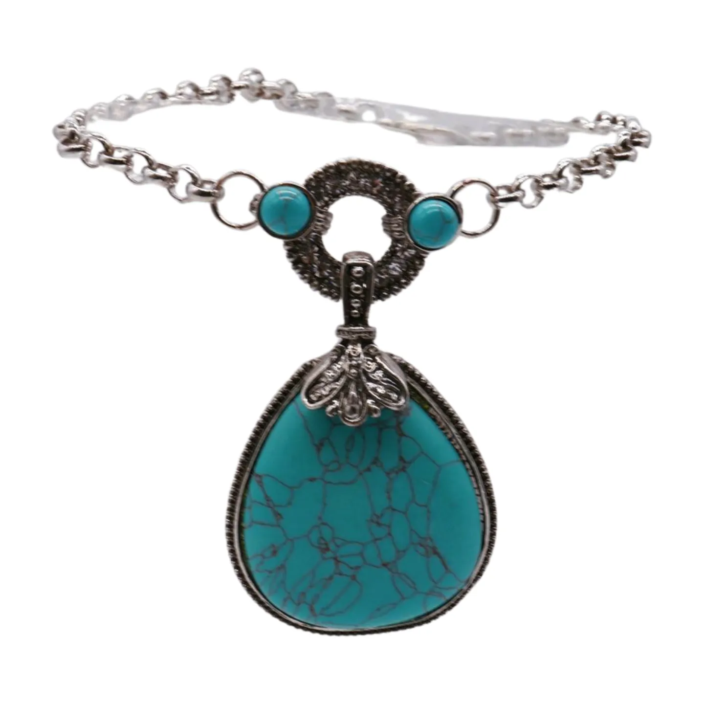 Silver Metal Chain Boot Bracelet Shoe Turquoise Blue Bead Charm
