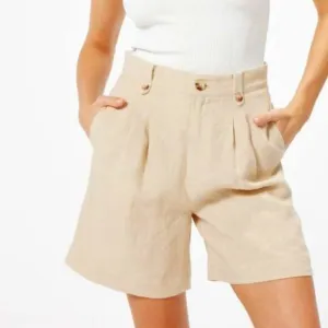 Sophie Rue Freddi High Waist Linen Bermuda Shorts In Cream / Taupe Size M NWT