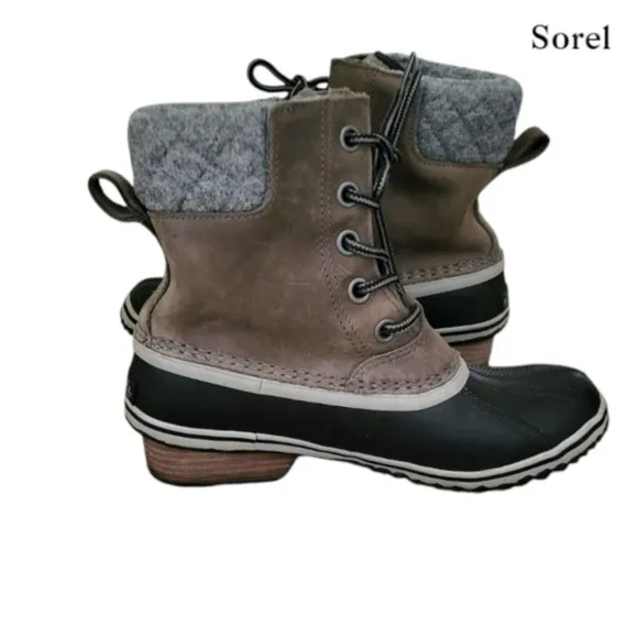Sorel Slimpack II Lace Boot Waterproof Leather Quarry Black Gray Equin Women 7.5