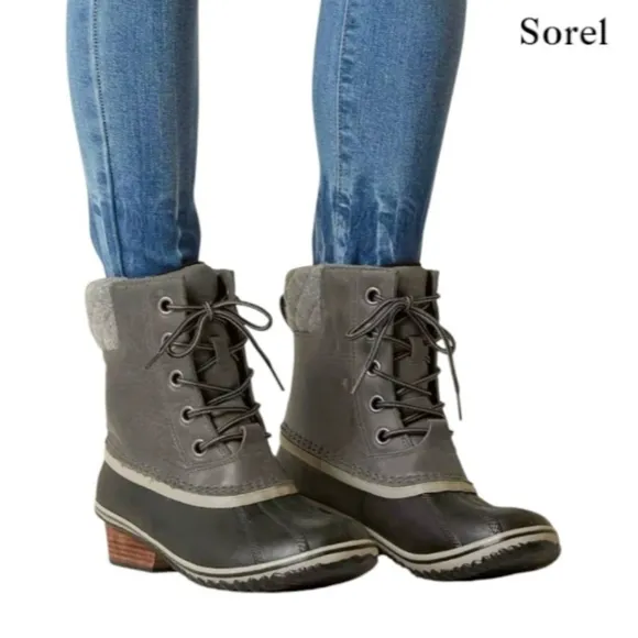 Sorel Slimpack II Lace Boot Waterproof Leather Quarry Black Gray Equin Women 7.5