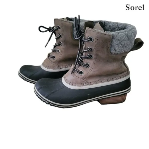 Sorel Slimpack II Lace Boot Waterproof Leather Quarry Black Gray Equin Women 7.5