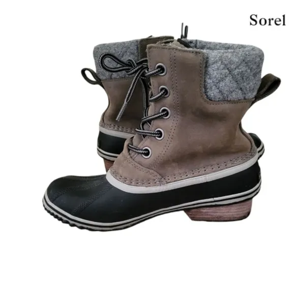 Sorel Slimpack II Lace Boot Waterproof Leather Quarry Black Gray Equin Women 7.5