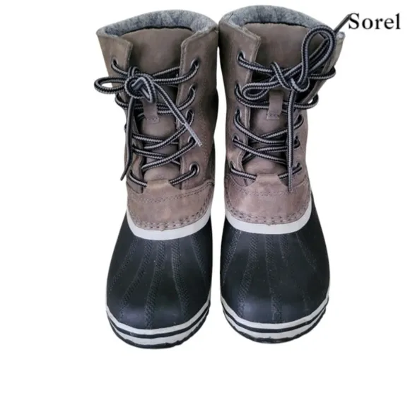 Sorel Slimpack II Lace Boot Waterproof Leather Quarry Black Gray Equin Women 7.5