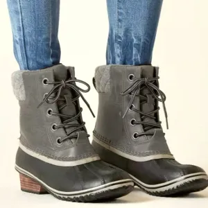 Sorel Slimpack II Lace Boot Waterproof Leather Quarry Black Gray Equin Women 7.5