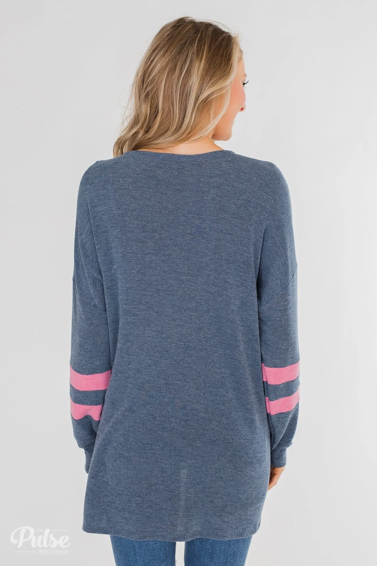 Stages of Comfort Varsity Stripe Sleeve Top- Navy & Pink