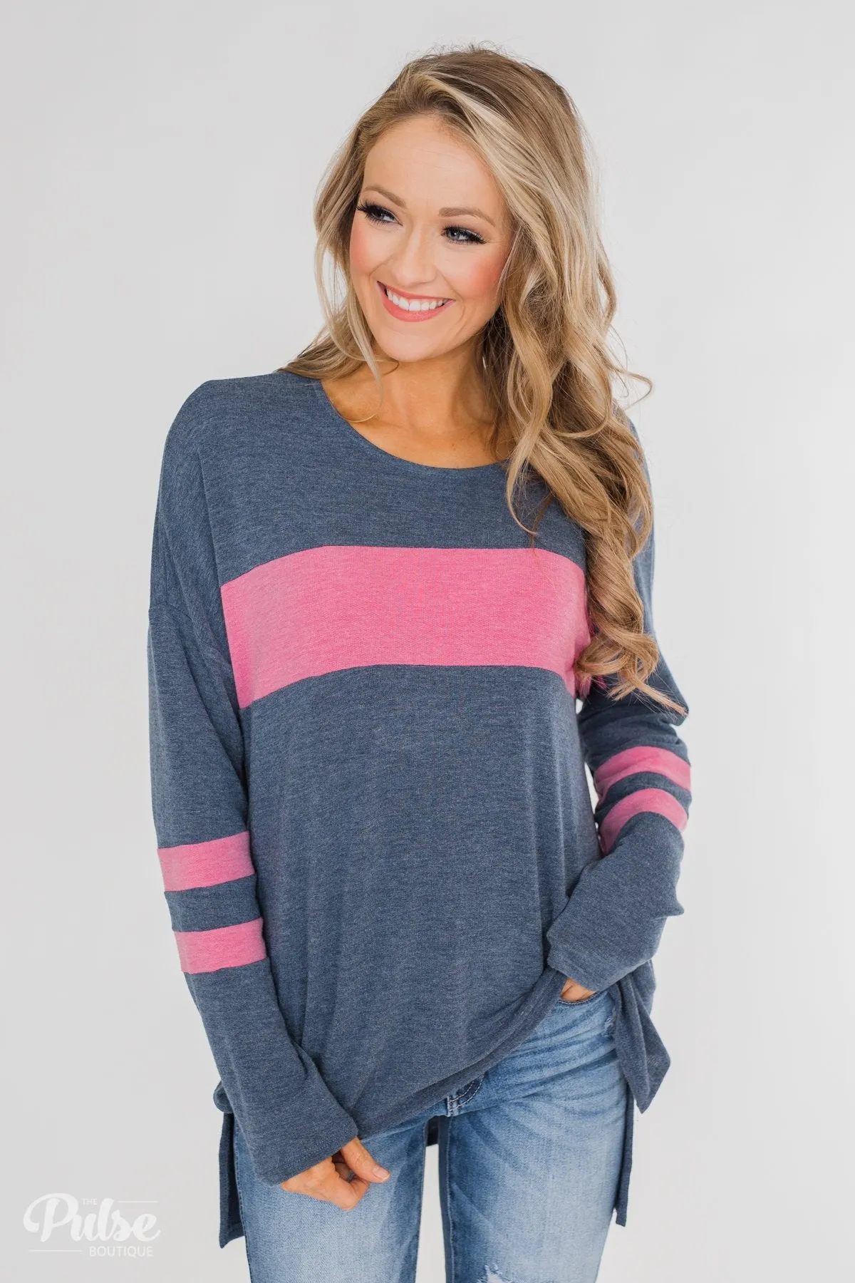 Stages of Comfort Varsity Stripe Sleeve Top- Navy & Pink