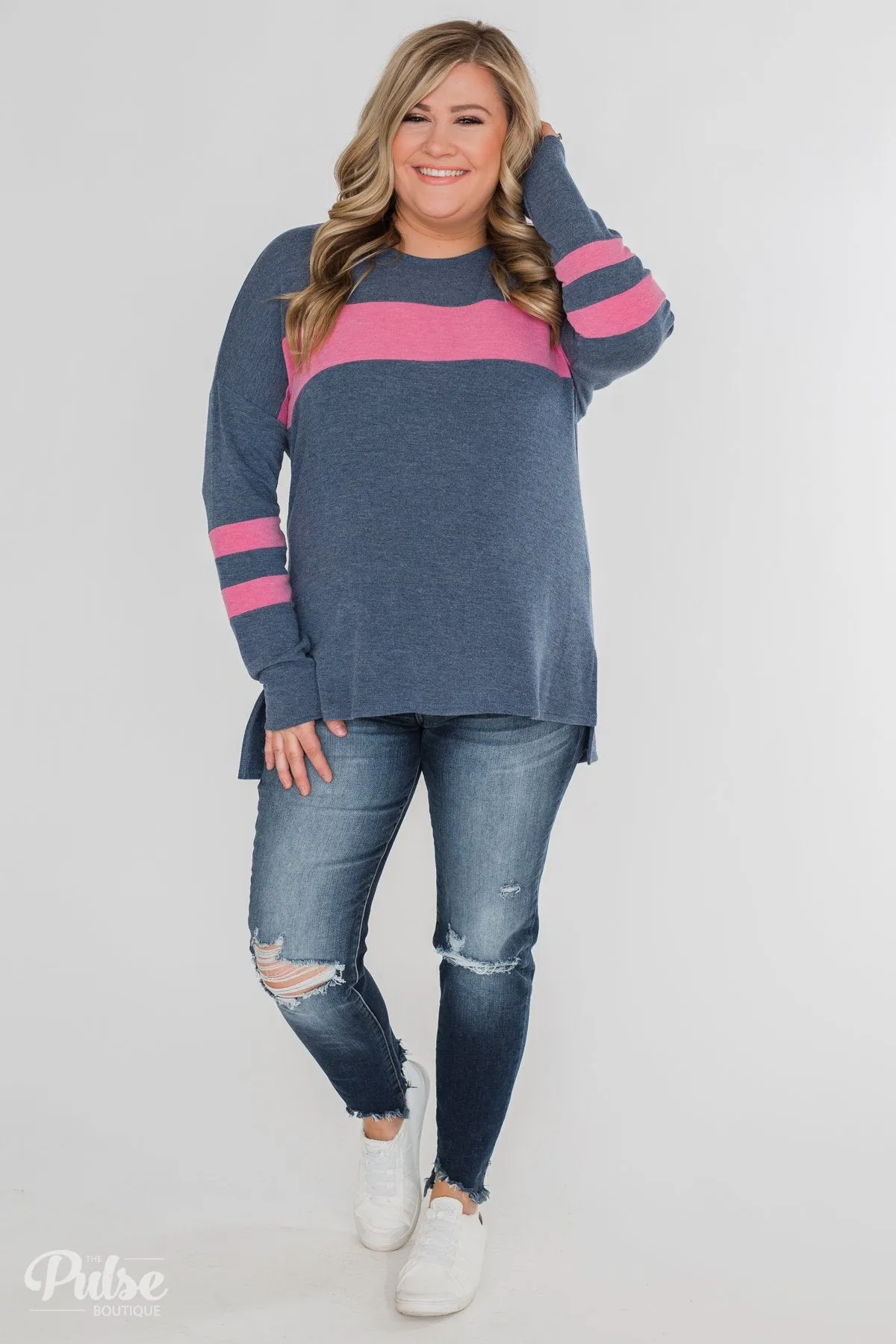 Stages of Comfort Varsity Stripe Sleeve Top- Navy & Pink