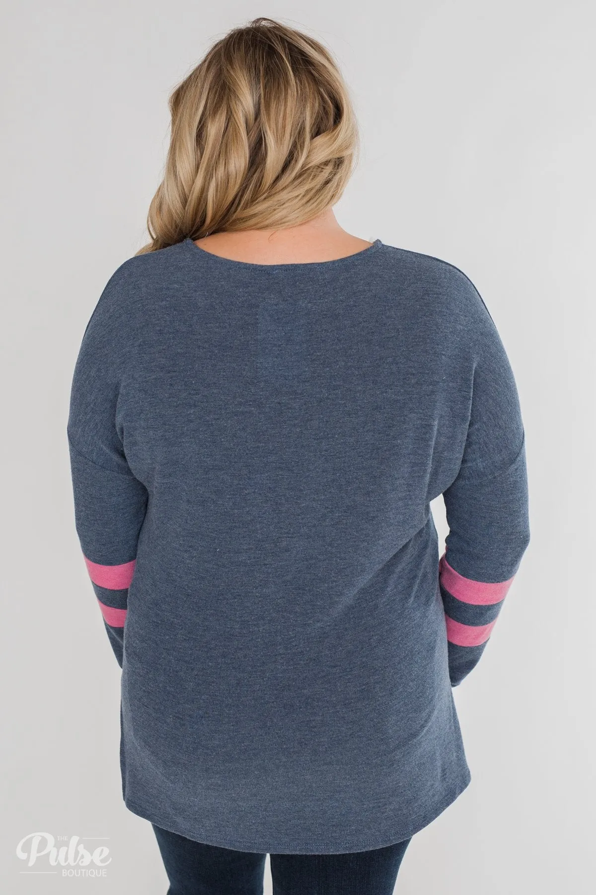Stages of Comfort Varsity Stripe Sleeve Top- Navy & Pink