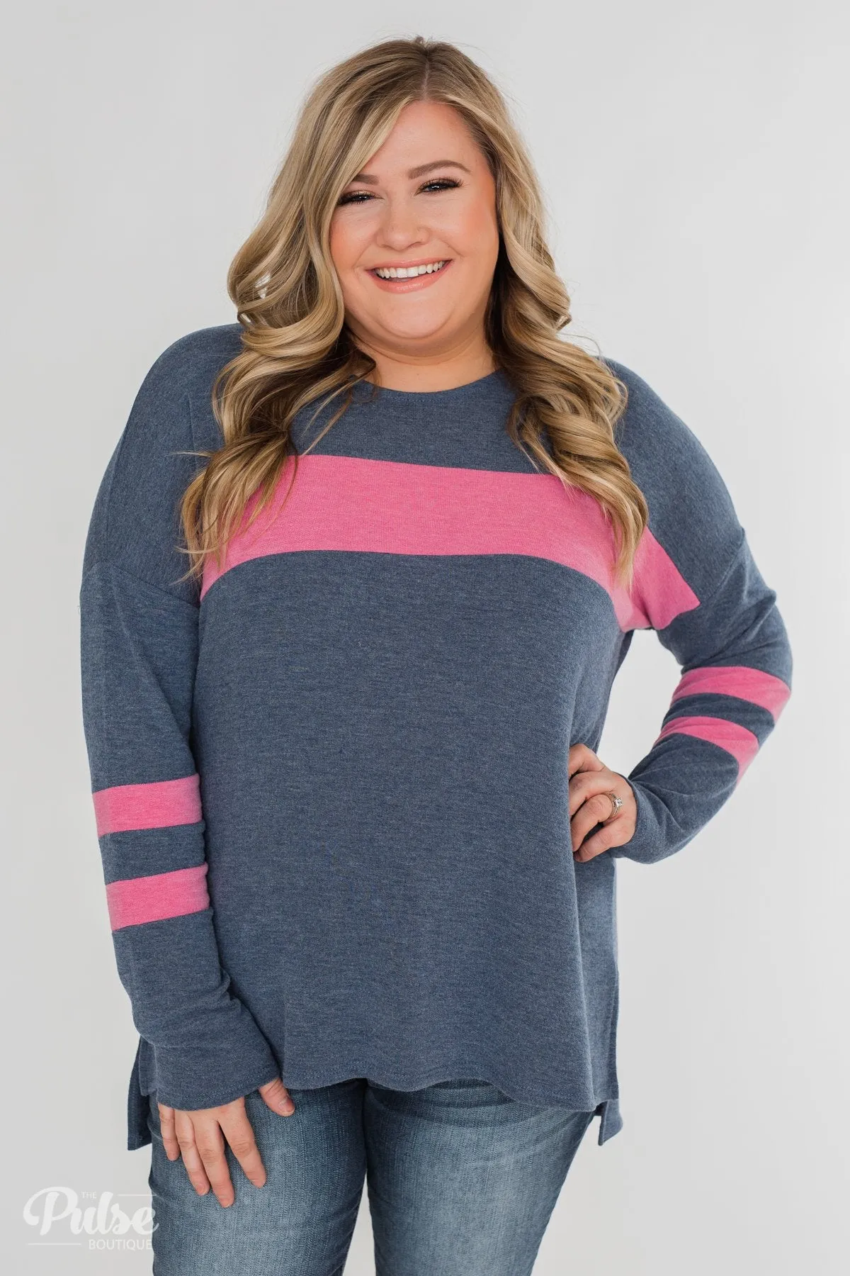 Stages of Comfort Varsity Stripe Sleeve Top- Navy & Pink