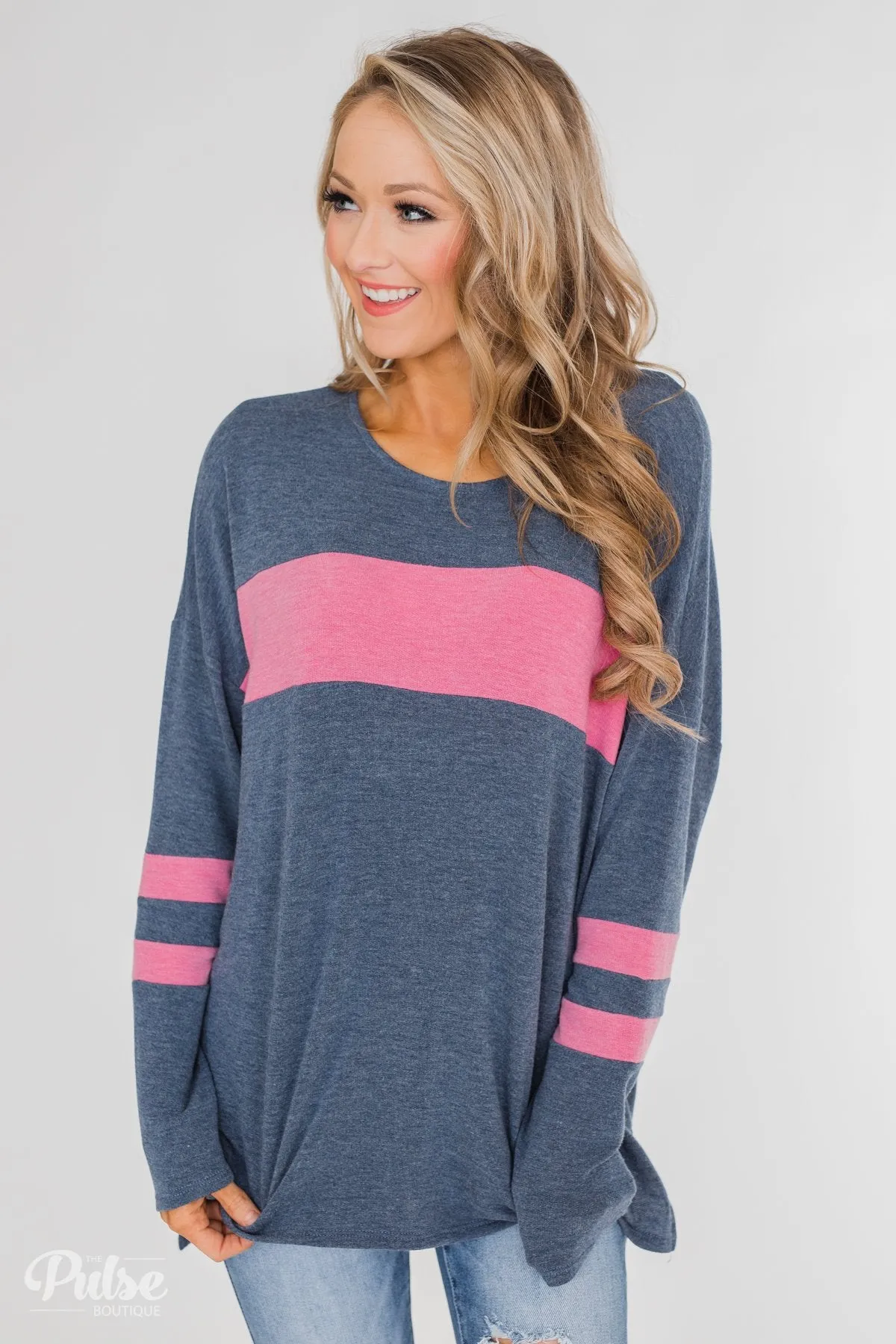 Stages of Comfort Varsity Stripe Sleeve Top- Navy & Pink