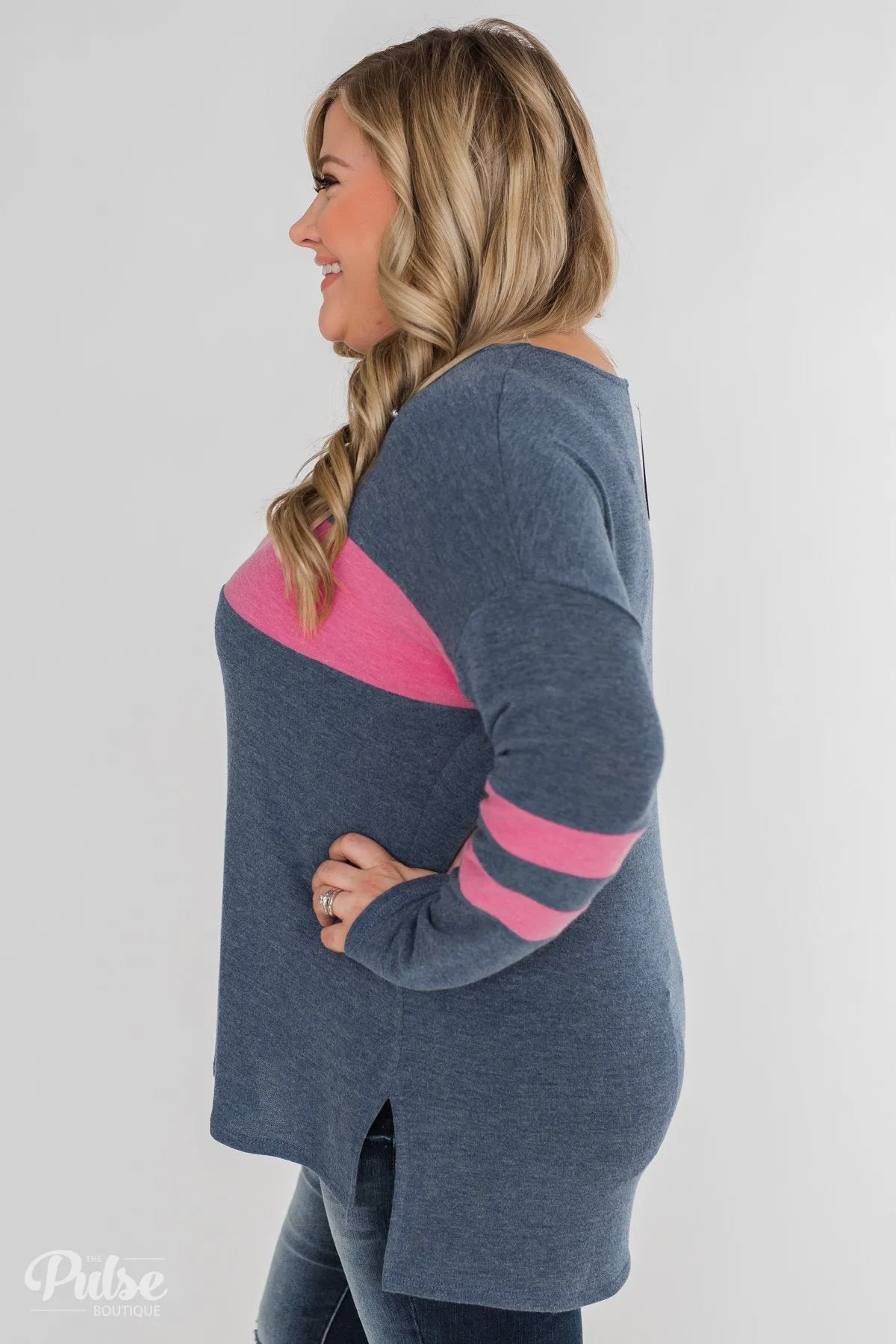 Stages of Comfort Varsity Stripe Sleeve Top- Navy & Pink