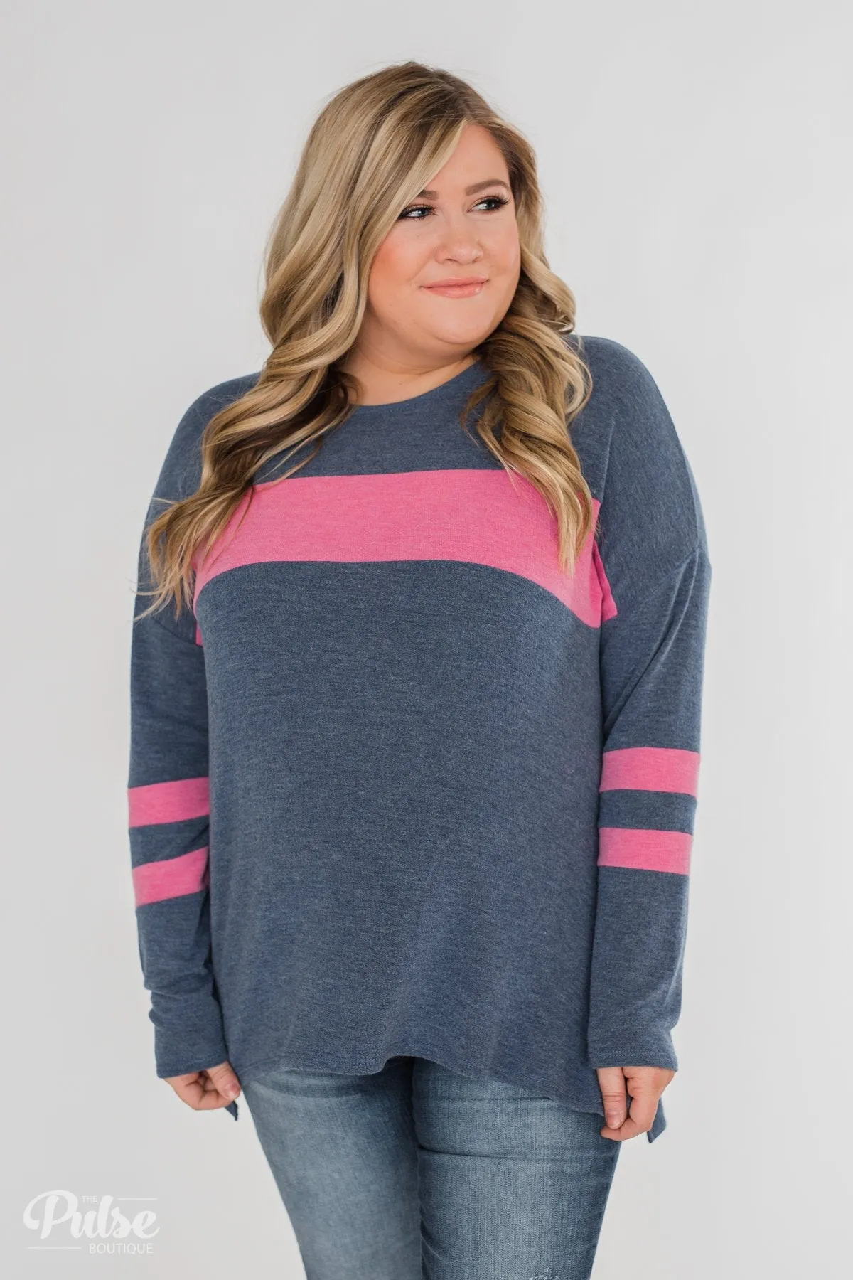 Stages of Comfort Varsity Stripe Sleeve Top- Navy & Pink