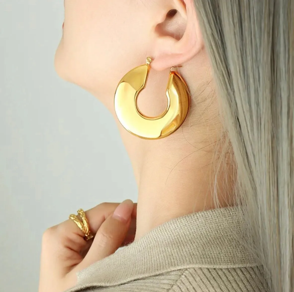Stainless Steel Chunky Hoop Earrings - 18K Gold Plated