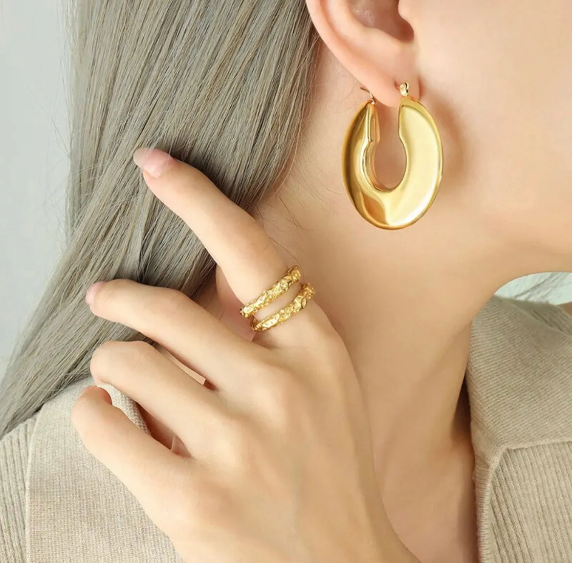 Stainless Steel Chunky Hoop Earrings - 18K Gold Plated