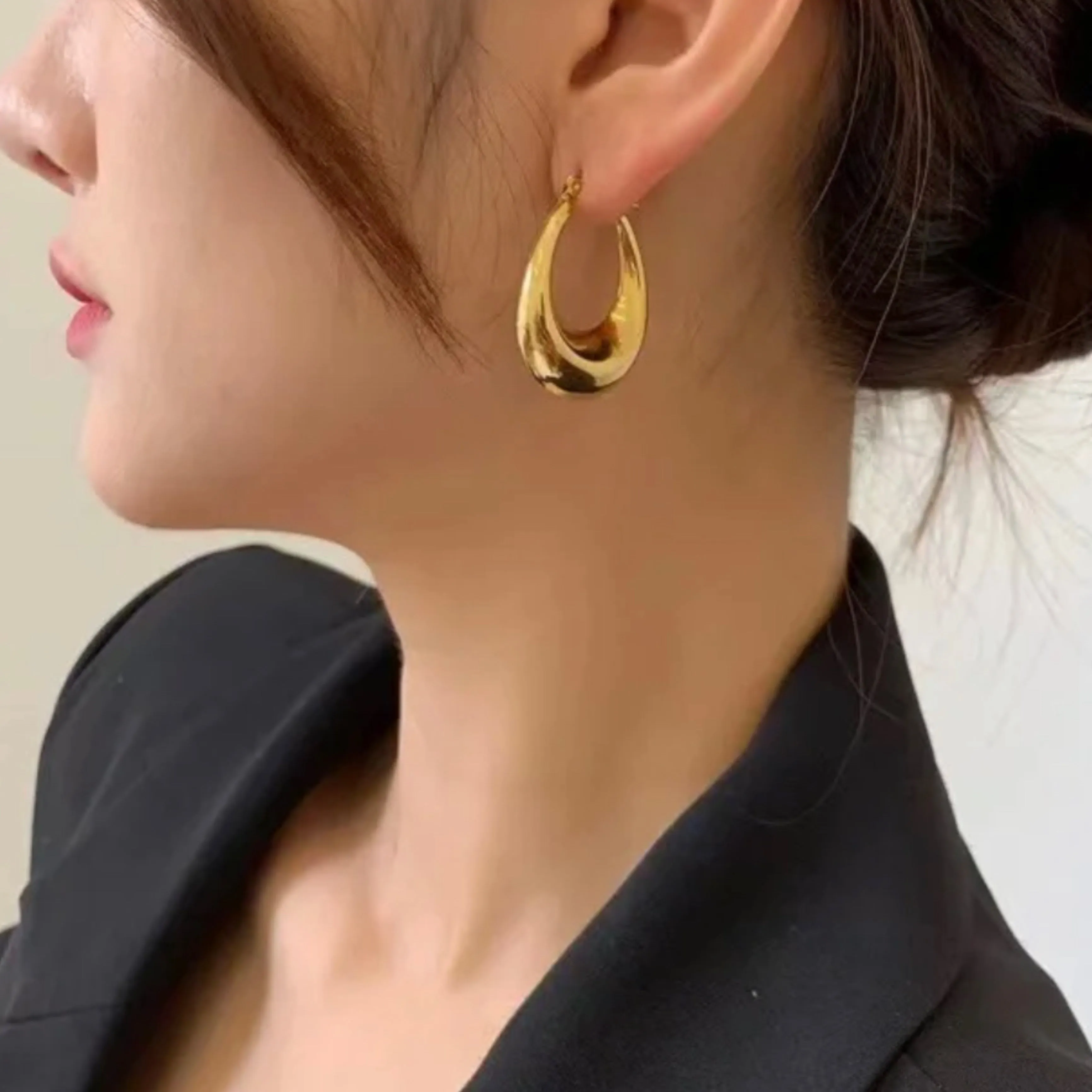 Stainless Steel Oval Hollow  Earrings - 18K Gold Plated