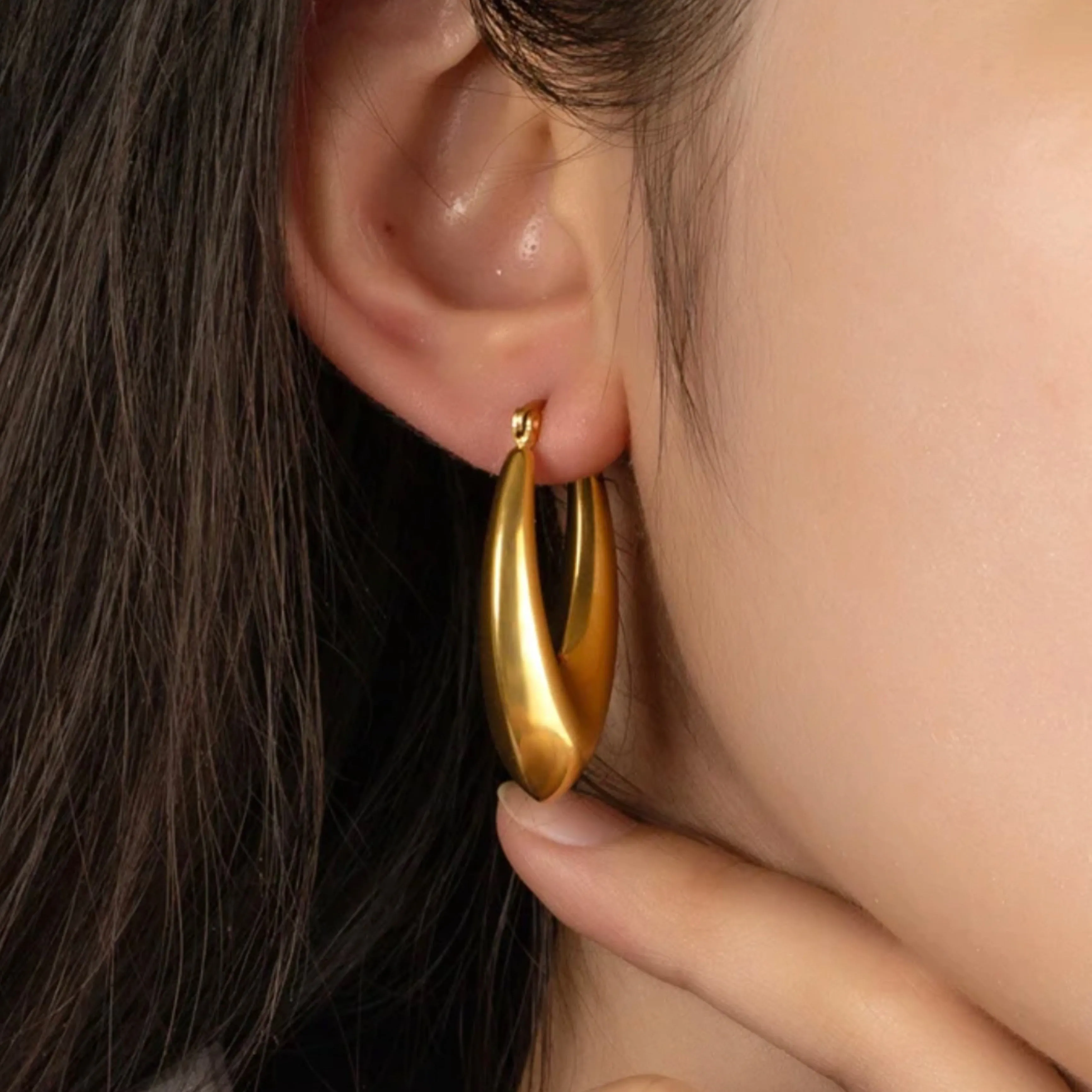 Stainless Steel Oval Hollow  Earrings - 18K Gold Plated