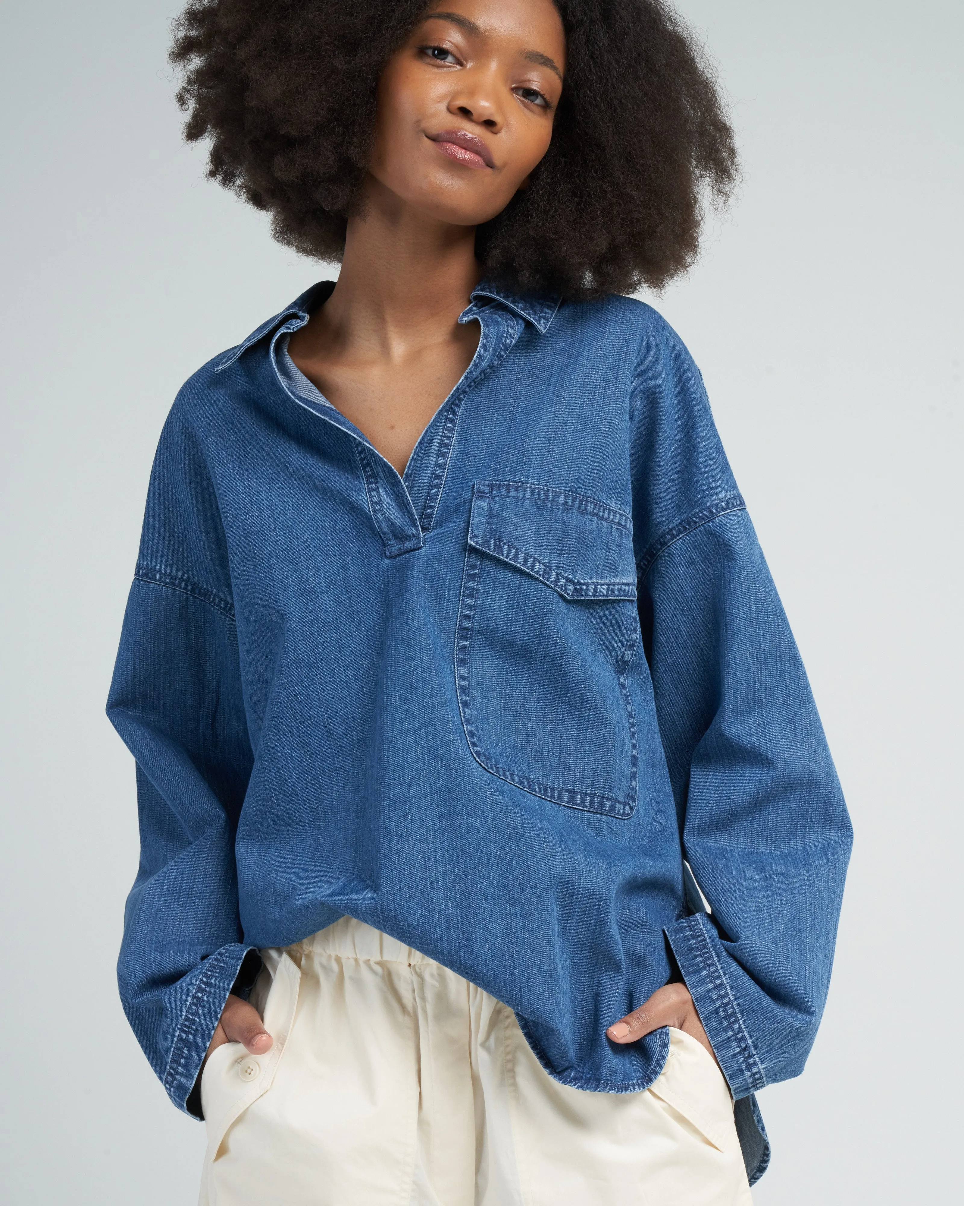 stone washed summer denim oversized cocoon shirt - medium stone wash
