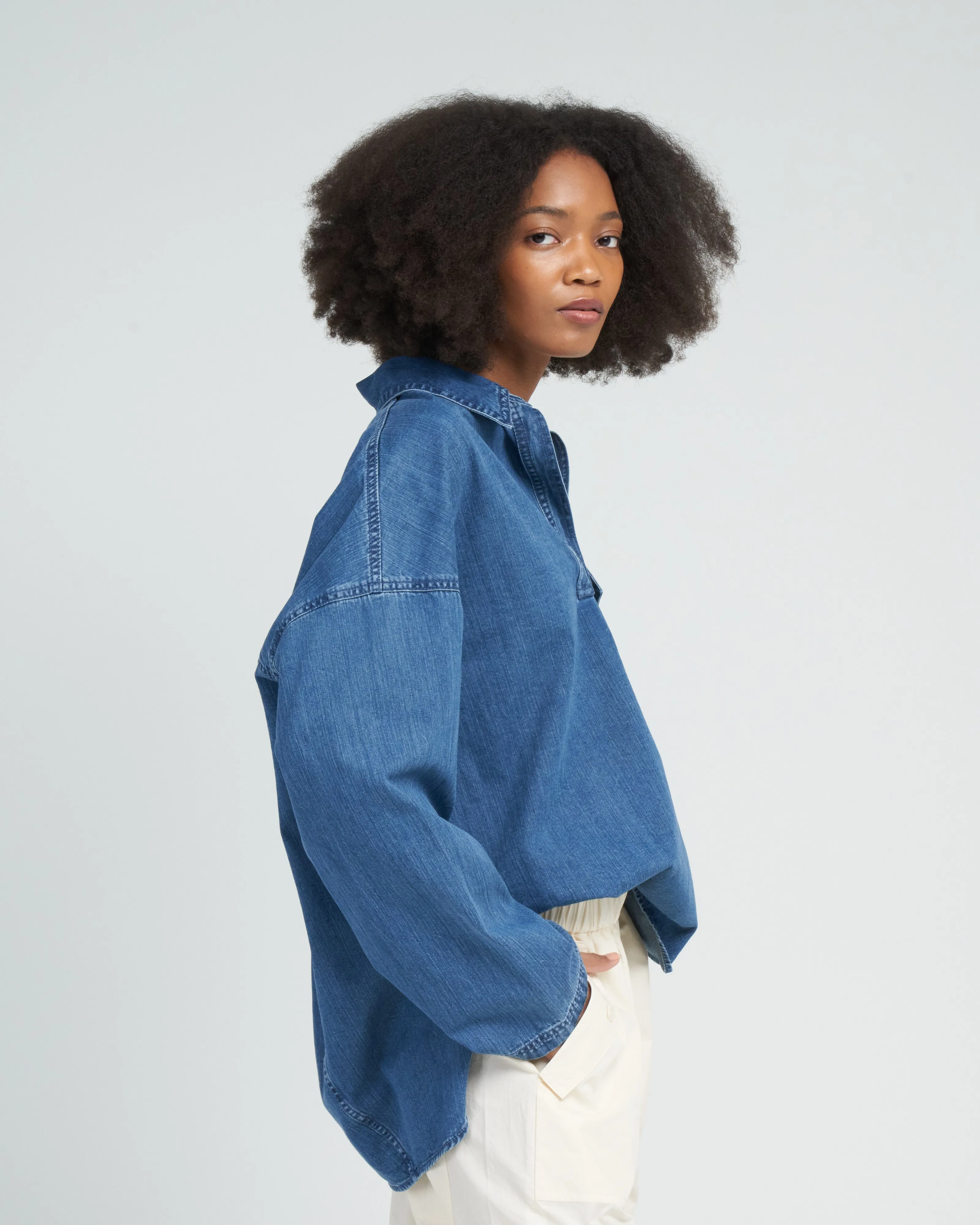 stone washed summer denim oversized cocoon shirt - medium stone wash