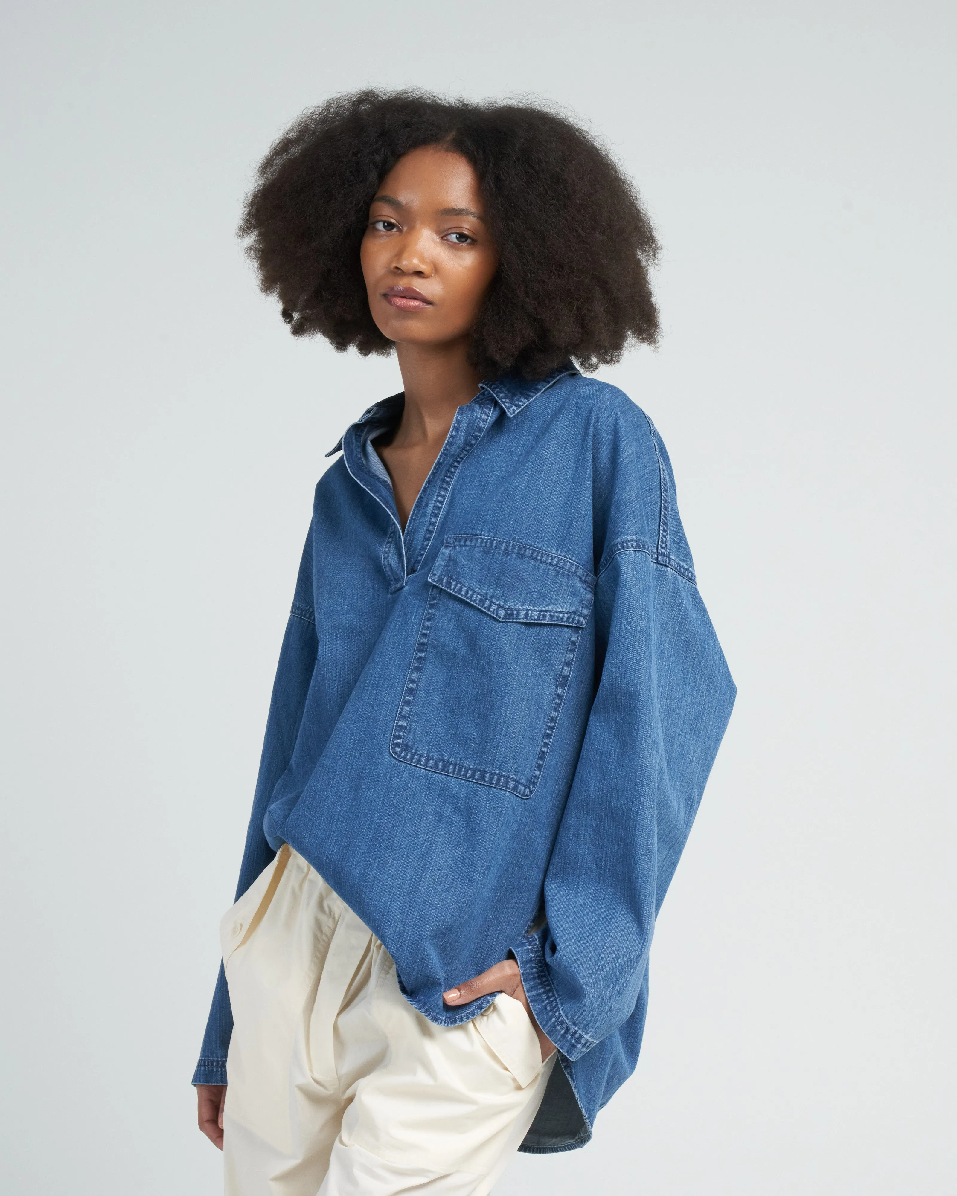 stone washed summer denim oversized cocoon shirt - medium stone wash