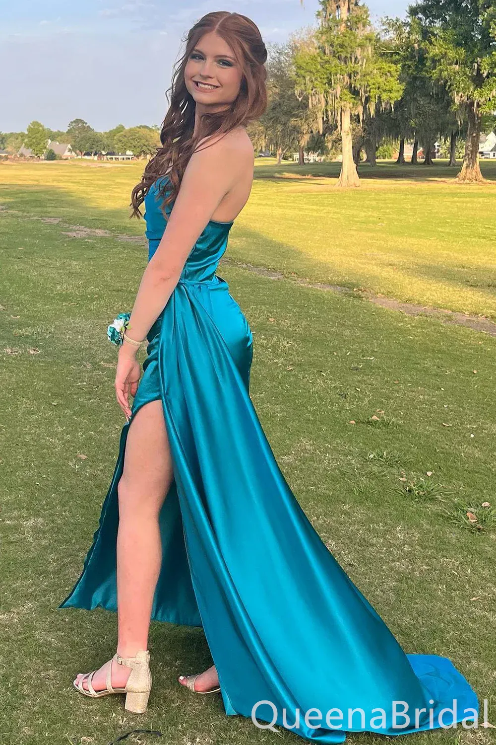 Stylish Blue Mermaid Strapless Side Slit Long Prom Dresses ,WGP1636