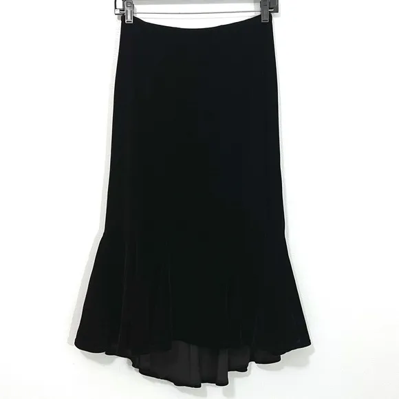 Tadashi Shoji Vintage Black Velvet Ruffle Layered Maxi Midi Skirt Long Classy XS