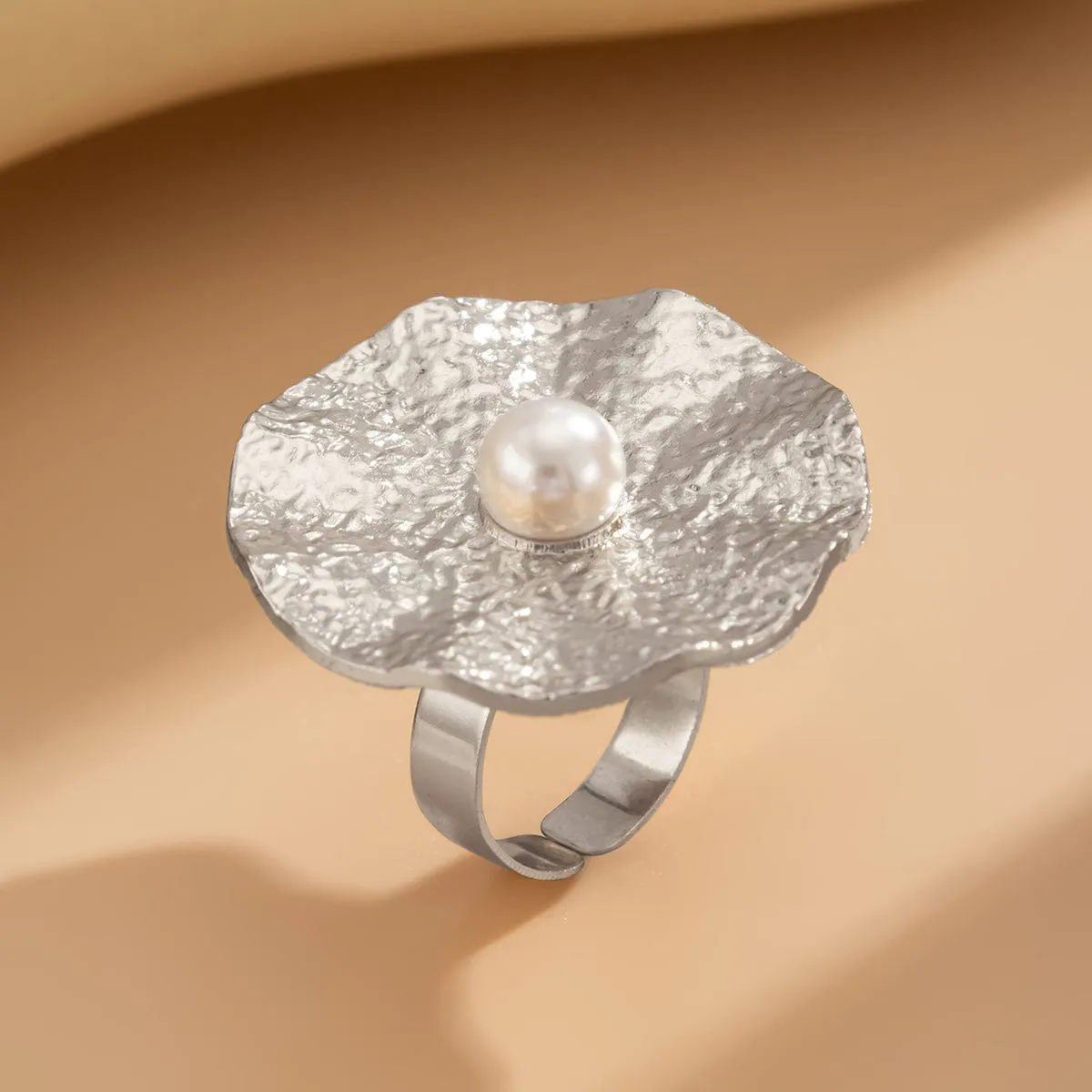 Trendy Chunky Pearl Lotus Leaf Ring