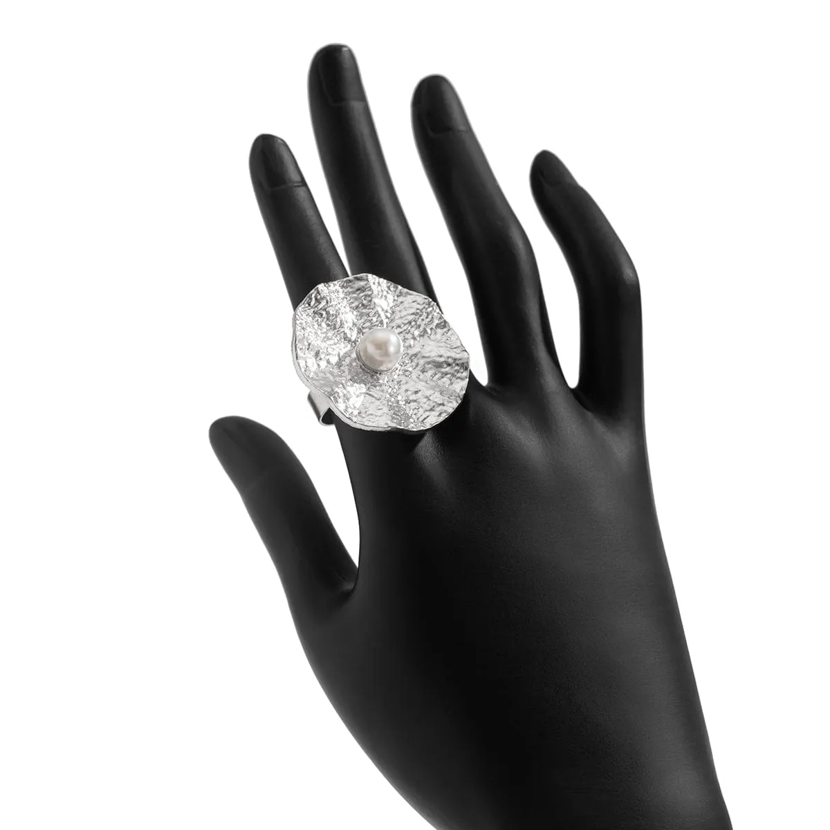 Trendy Chunky Pearl Lotus Leaf Ring