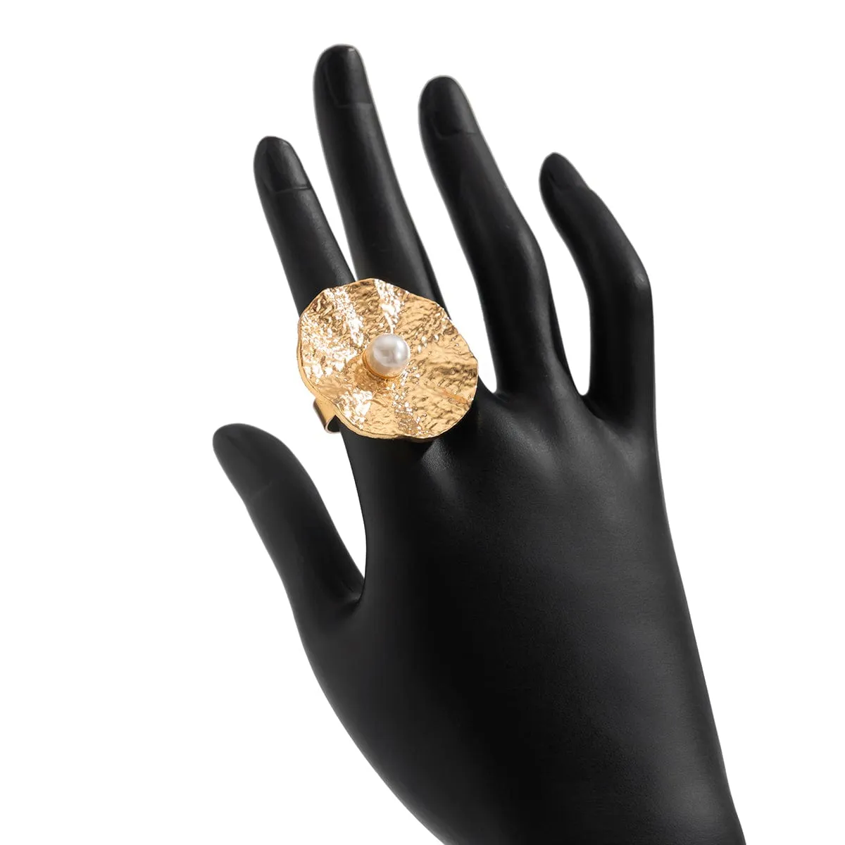 Trendy Chunky Pearl Lotus Leaf Ring