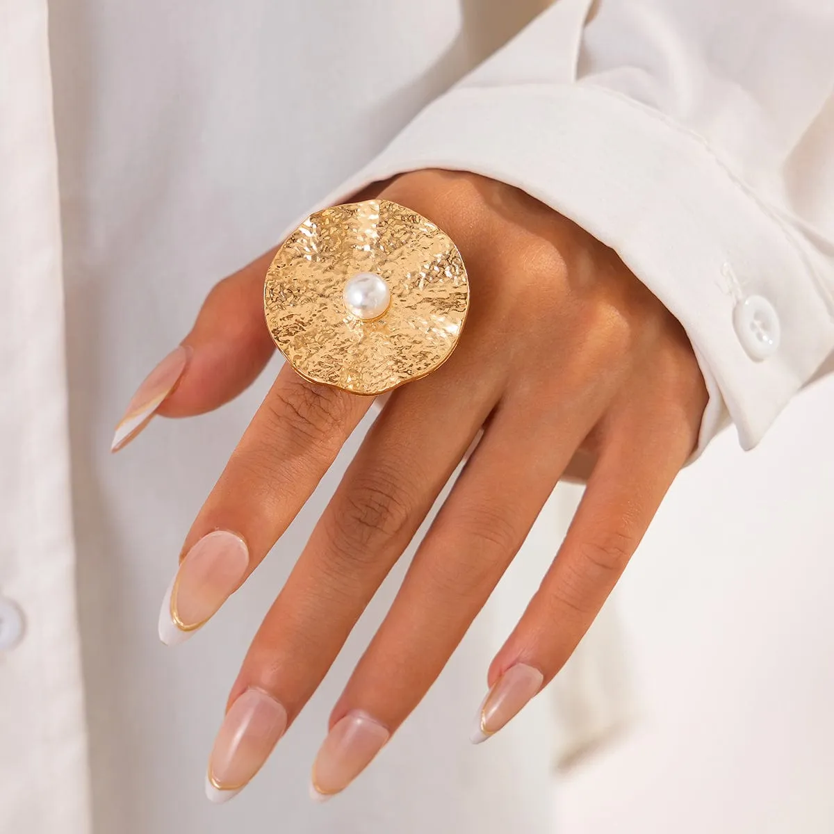 Trendy Chunky Pearl Lotus Leaf Ring