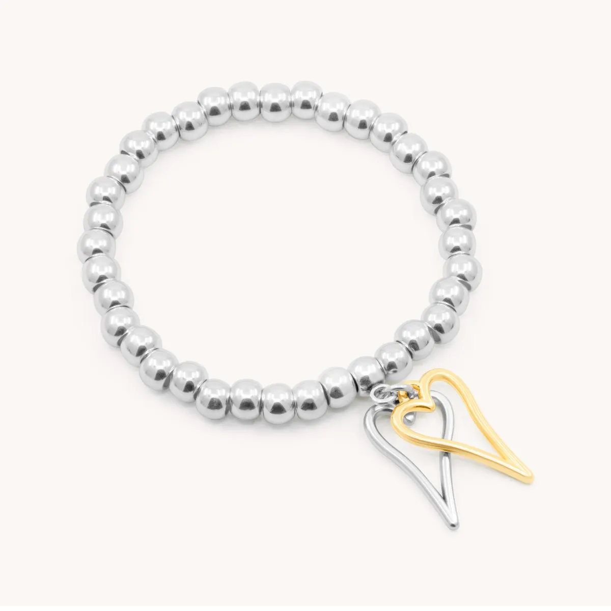 Twin Open Hourglass Heart Chunky Beads Bracelet, Silver and Gold