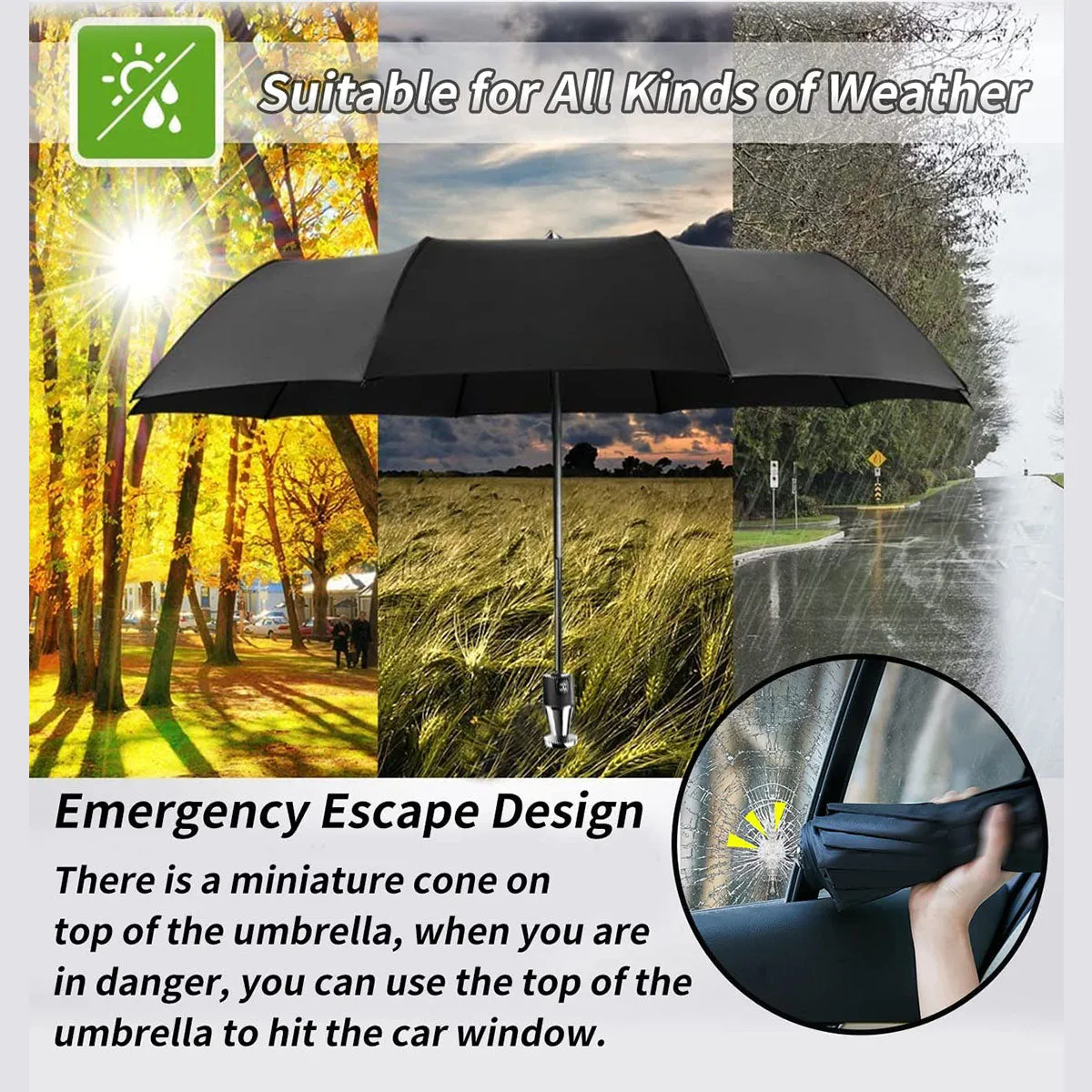 Umbrella for All Cars, 10 Ribs Umbrella Windproof Automatic Folding Umbrella, One-handed use, Rain and Sun Protection, Car Accessories MA13993