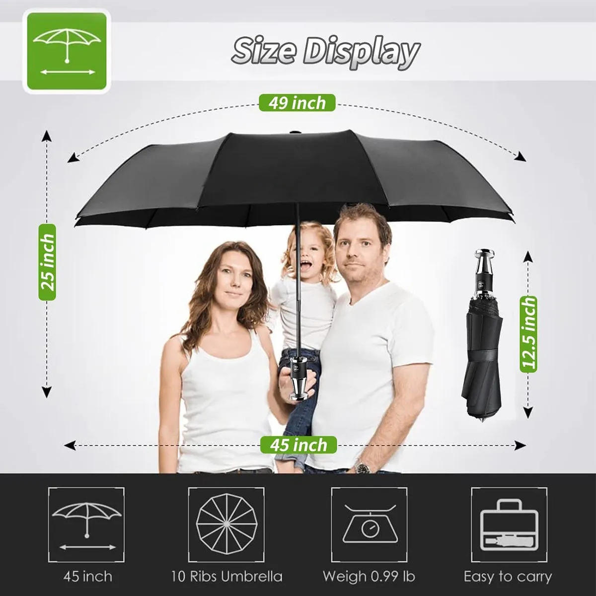 Umbrella for All Cars, 10 Ribs Umbrella Windproof Automatic Folding Umbrella, One-handed use, Rain and Sun Protection, Car Accessories MB13993