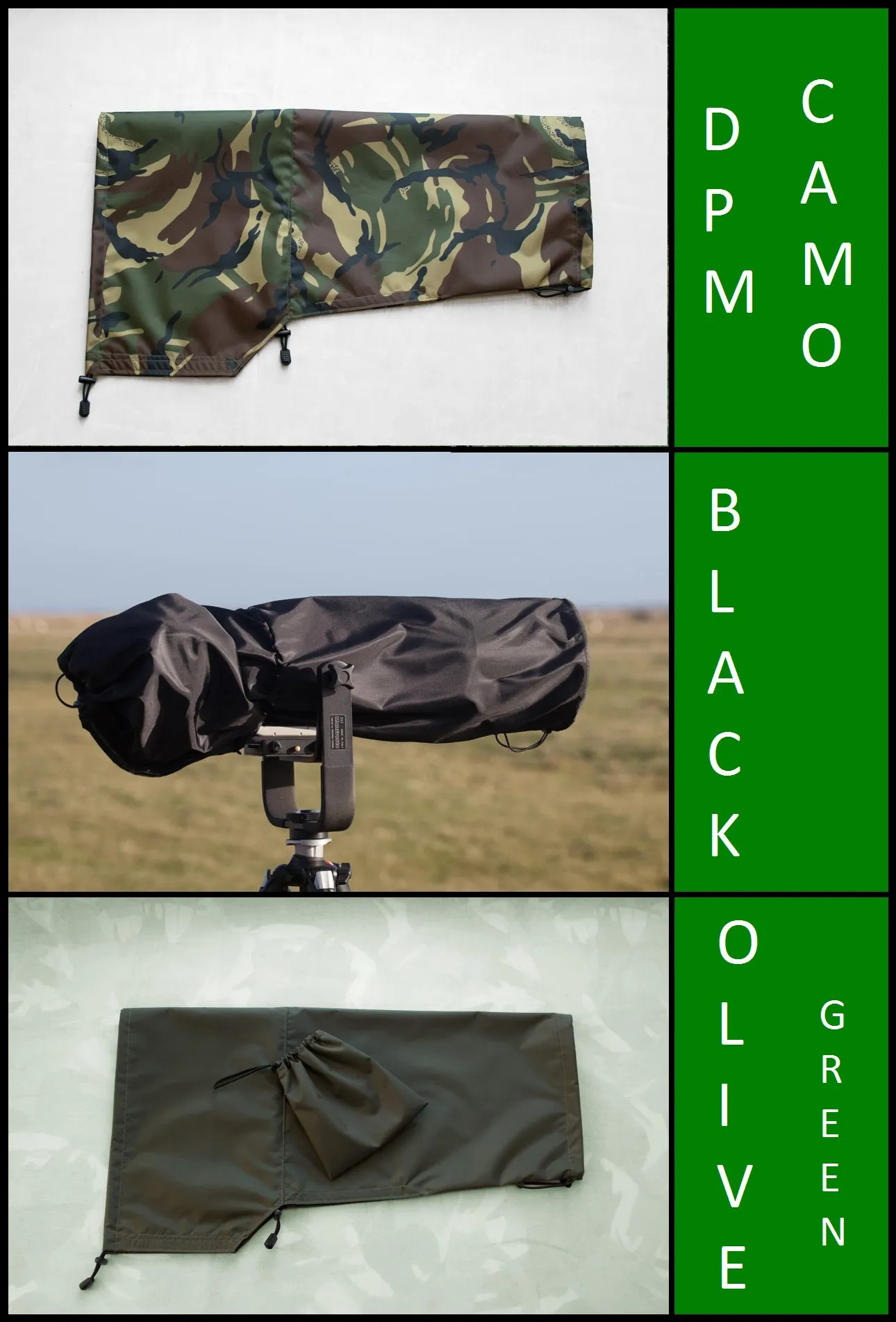 Waterproof Lens Rain Cover For Sigma 120-400  DG OS HSM in DPM Camo, Olive green, Black colours