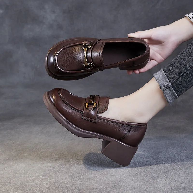 Women Retro Leather Chain Chunky Heel Loafers
