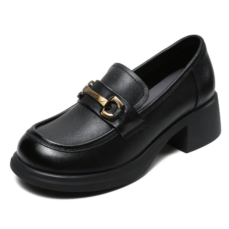 Women Retro Leather Chain Chunky Heel Loafers