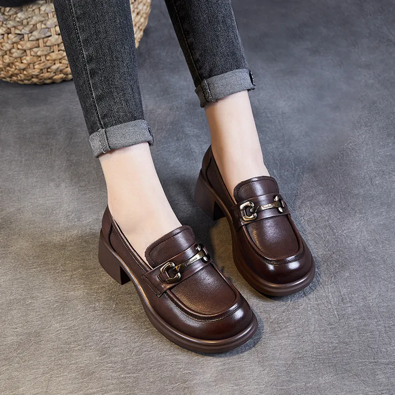 Women Retro Leather Chain Chunky Heel Loafers