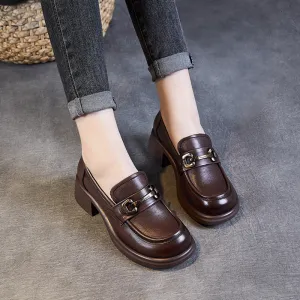 Women Retro Leather Chain Chunky Heel Loafers