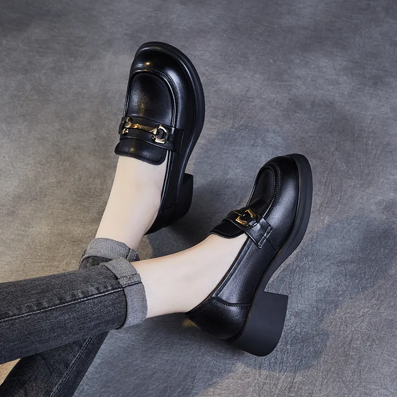 Women Retro Leather Chain Chunky Heel Loafers