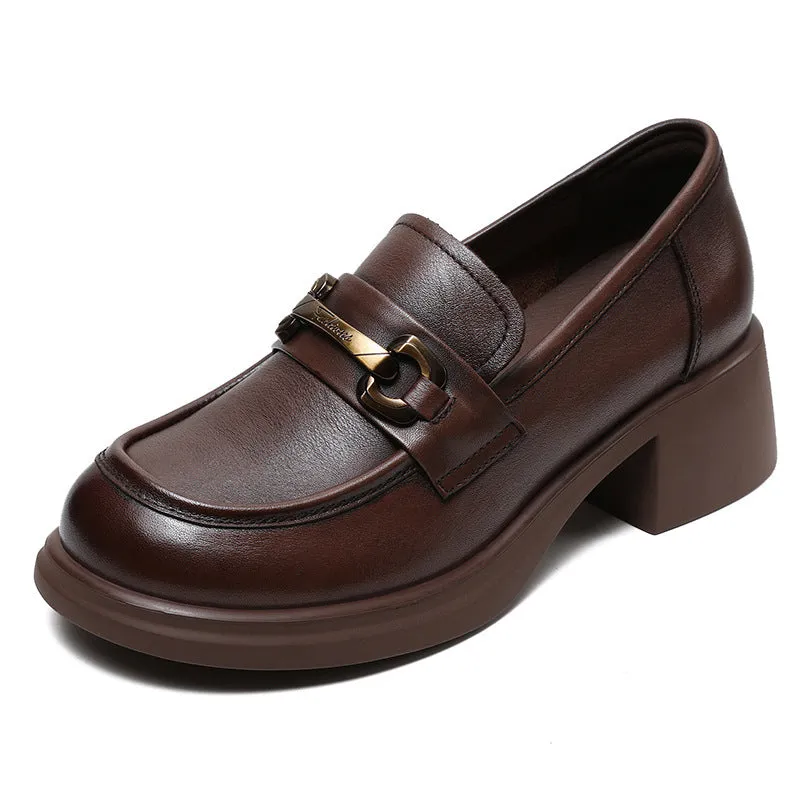 Women Retro Leather Chain Chunky Heel Loafers