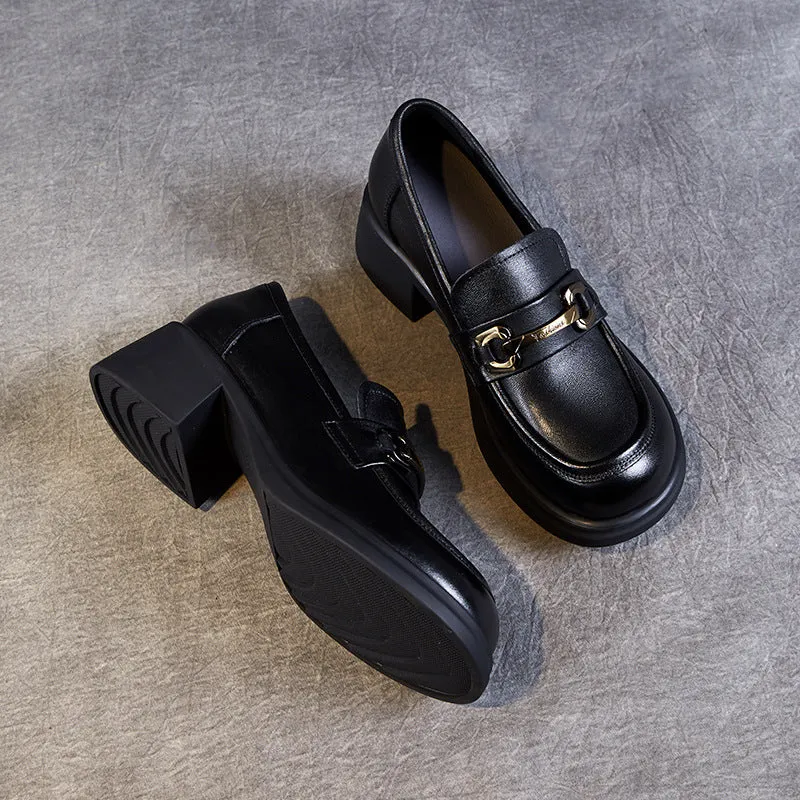Women Retro Leather Chain Chunky Heel Loafers