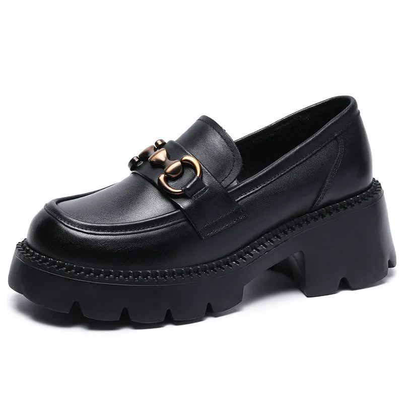 Women Retro Soft Leather Chunky Heel Loafers