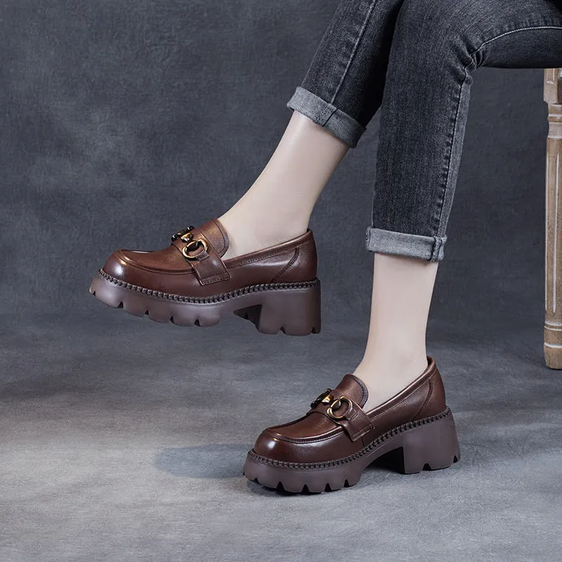 Women Retro Soft Leather Chunky Heel Loafers