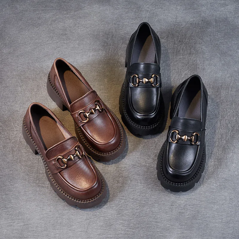 Women Retro Soft Leather Chunky Heel Loafers